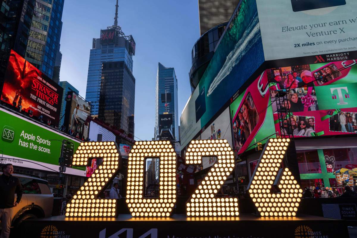 The 7-foot tall "2026" numerals are displayed at an illumination ceremony in Times Square, Thursday, Dec. 18, 2025, in New York.