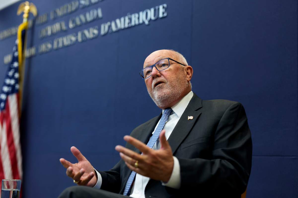 U.S. Ambassador to Canada Pete Hoekstra participates in an interview at the United States Embassy in Ottawa, on Tuesday, Dec. 9, 2025.