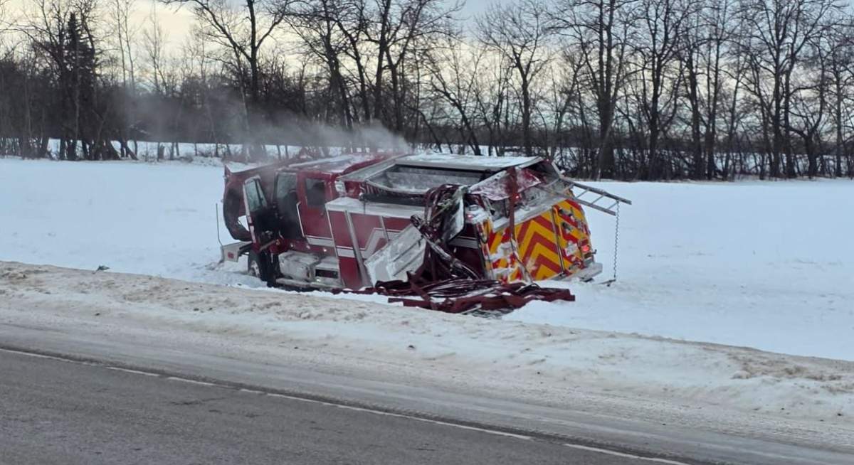 A firetruck lost control amid freezing rain and rolled off Highway 28 near Morinville in Sturgeon County on Tuesday, December 30, 2025.