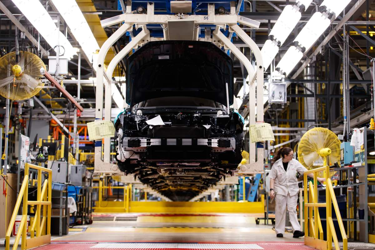 General view of production along the Honda CRV production line is shown during a tour of a Honda manufacturing plant in Alliston, Ont., Wednesday, Apr. 5, 2023.