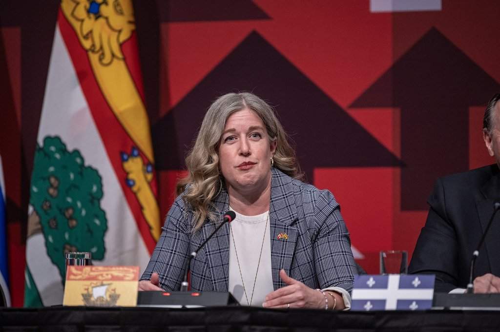 Premier of New Brunswick Susan Holt speaks to media following the First Minister’s Meeting in Saskatoon, Sask., Monday, June 2, 2025. THE CANADIAN PRESS/Liam Richards.