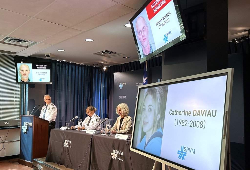 Montreal police Cmdr. Francois Sauve, left to right, Montreal police Cmdr. Melanie Dupont and Suzanne Marchand, senior executive director of the provincial crime lab, announce the resolution in the 2008 murder of Catherine Daviau during a news conference in Montreal, on Wednesday, Sept. 17, 2025. THE CANADIAN PRESS/Sidhartha Banerjee.