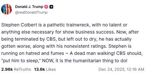 A screenshot of Donald Trump's Truth Social post.