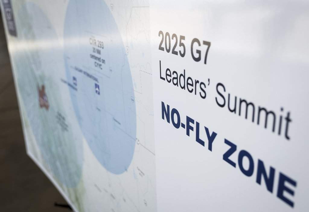 A map of the Integrated Safety Security Group's air restrictions for the upcoming 2025 G7 Leaders’ Summit in Kananaskis for both aircraft and drones is pictured at a media briefing in Springbank, Alta., Friday, May 30, 2025. 