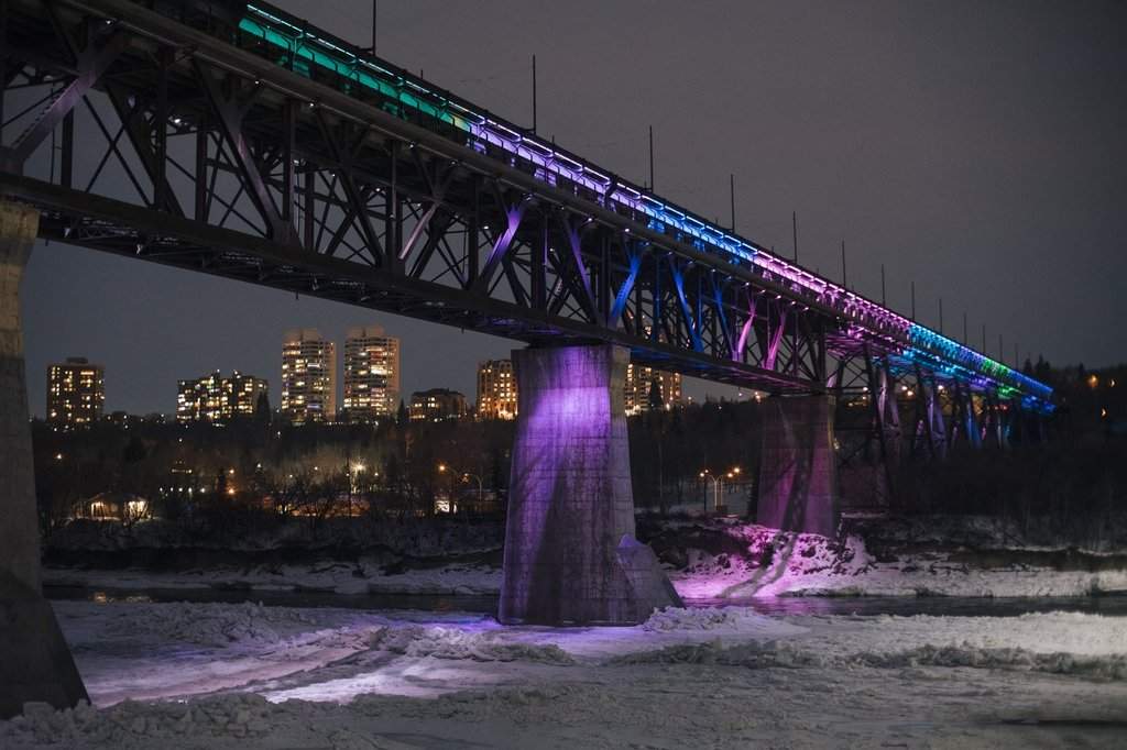 Edmonton's High Level Bridge is seen lit up for New Year's Eve in Edmonton, Thursday, Dec. 31, 2020. 