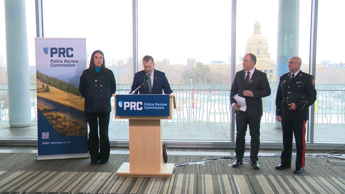 Alberta's new Minister of Public Safety and Emergency Services, announces details of a new "independent" commission to investigate complaints about police in the province, during a news conference in Edmonton on Monday.