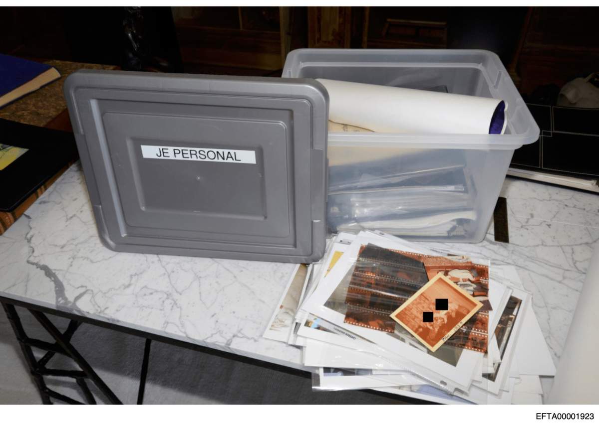 This redacted photo released by the U.S. Department of Justice shows files documented on Aug. 12, 2019, during a search of Jeffrey Epstein's home