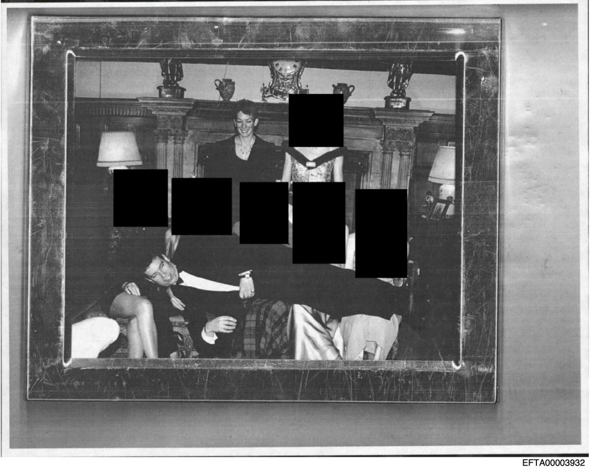 This redacted photo released by the U.S. Department of Justice shows Andrew Mountbatten-Windsor laying across several people's laps with Ghislaine Maxwell standing above.