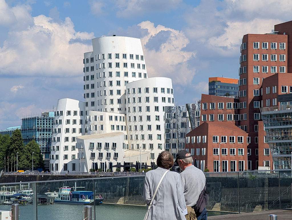 The Gehry buildings at the MedienHafen in Duesseldorf, North Rhine-Westphalia, Germany, on July 30, 2025.