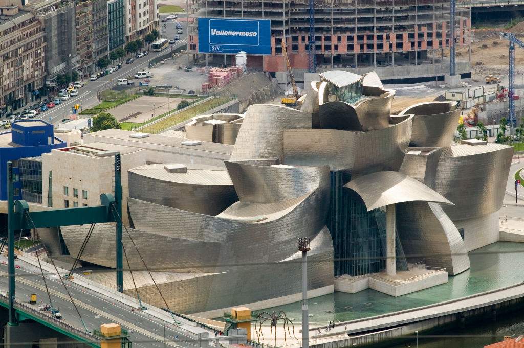 Aerial view of the Guggenheim Museum of Contemporary Art of Bilbao located on the north coast of Spain in the Basque region.