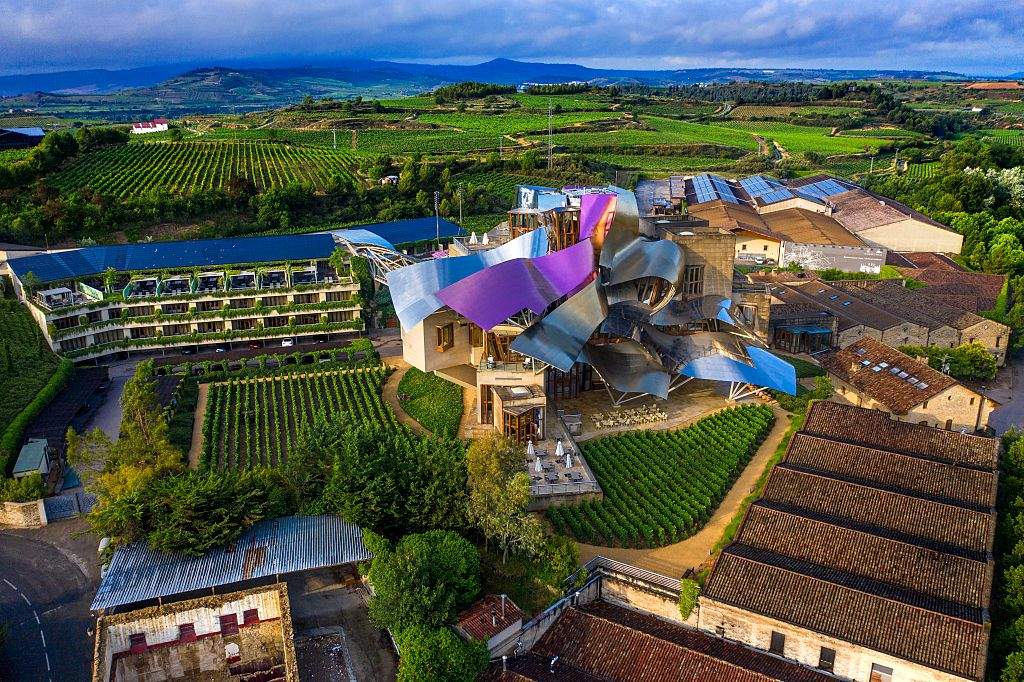 The exterior of Marques de Riscal Hotel Winery by Frank Gehry in Spain.
