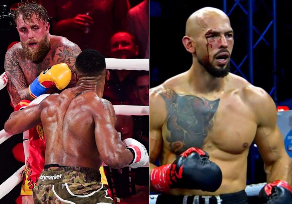 (L-R:) Anthony Joshua and Jake Paul during their heavyweight bout at the Kaseya Center, Miami, Florida. Friday Dec. 19, 2026 and Andrew Tate during the main event of Misfits Boxing 23 on Dec. 20, 2025 live on Rumble Premium.