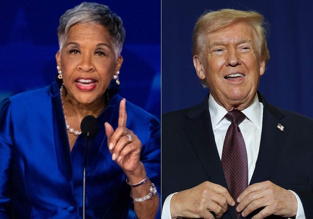 (L-R:) Rep. Joyce Beatty, D-Ohio, speaks during the 2024 Democratic National Convention on Aug. 19, 2024 and U.S. President Donald Trump takes the stage during a rally at the Rocky Mount Event Center on December 19, 2025.