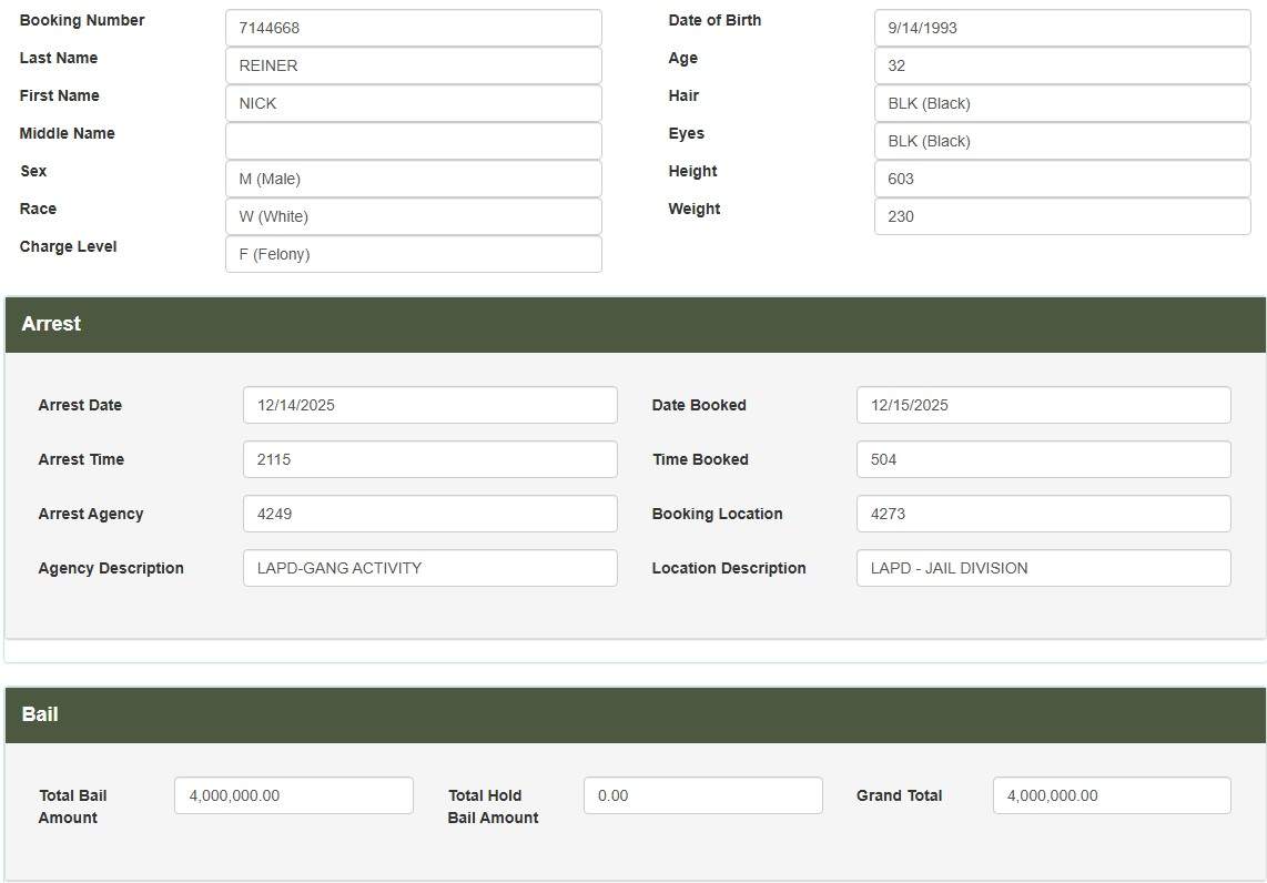 A screenshot of Nick Reiner’s booking records.