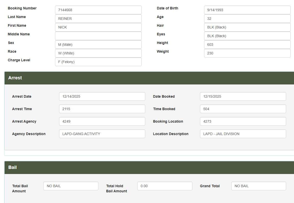 A screenshot of Nick Reiner's booking records.