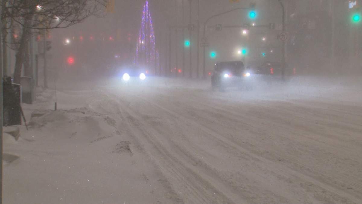 The blizzard is creating whiteout conditions on highways and snow-filled streets in Winnipeg.