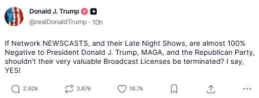 A screenshot of Donald Trump's Truth Social post.