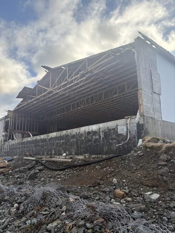 High winds tore the wall of this abandoned fish sauce plant in St. Mary's, N.L., shown on Jan, 17, 2026, leaving more than 100 oozing vats of fermented fish sauce exposed to the nearby ocean. THE CANADIAN PRESS/Handout - Steve Ryan (Mandatory Credit).