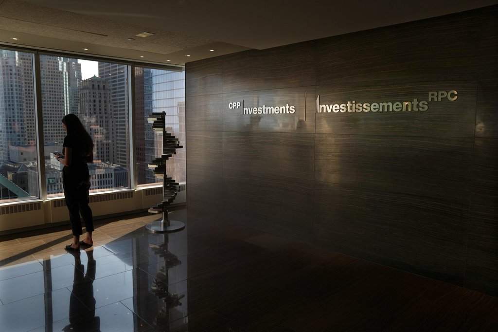 Signage is seen in the reception of CPP Investments' Toronto offices, on Thursday, Sept. 21, 2023.