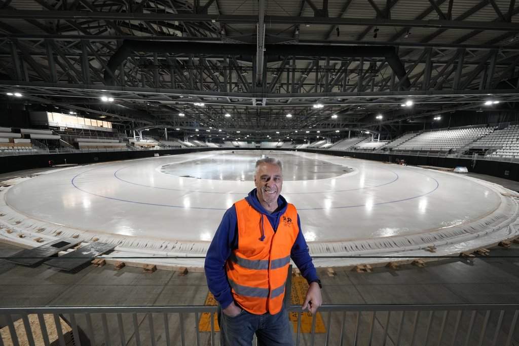 Ice Master Mark Messer poses in the stadium where speed skating will take place at the upcoming 2026 Winter Olympics, on the outskirts of Milan, Italy.