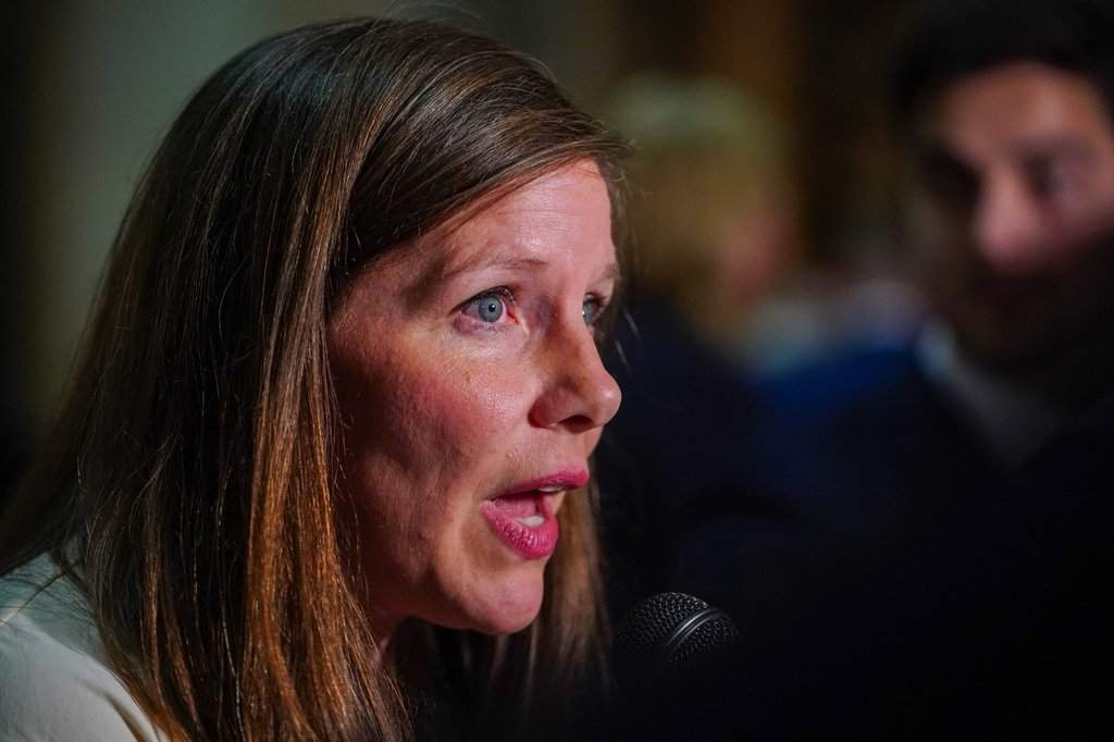 Saskatchewan NDP MLA for Regina Elphinstone-Centre Meara Conway speaks during a media scrum after Speech from the Throne in Regina, on Wednesday, October 22, 2025. 