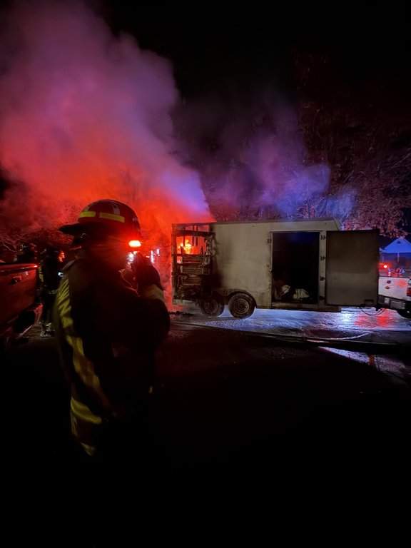 West Kelowna Fire Department shows crews responding to reports of an explosion and house on fire in the Smith Creek neighbourhood early Sunday morning at around 2 a.m. as shown in this handout image provided by the department. 
