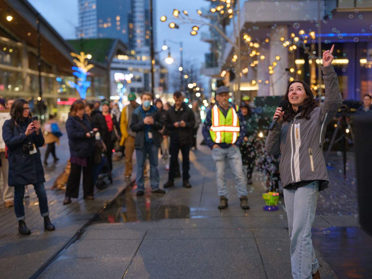 BC Green Party leader Emily Lowan speaks at the protest on Friday, Jan. 30.