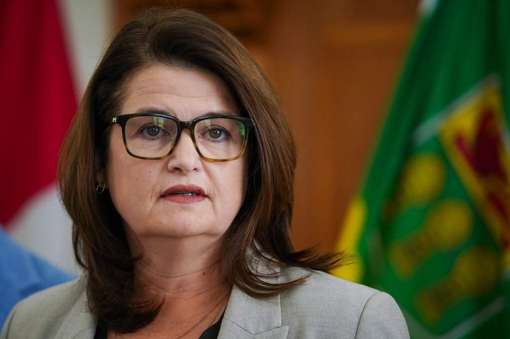 Saskatchewan NDP Leader Carla Beck speaks during a press conference before the throne speech in Regina, on Wednesday, Oct. 22, 2025.
