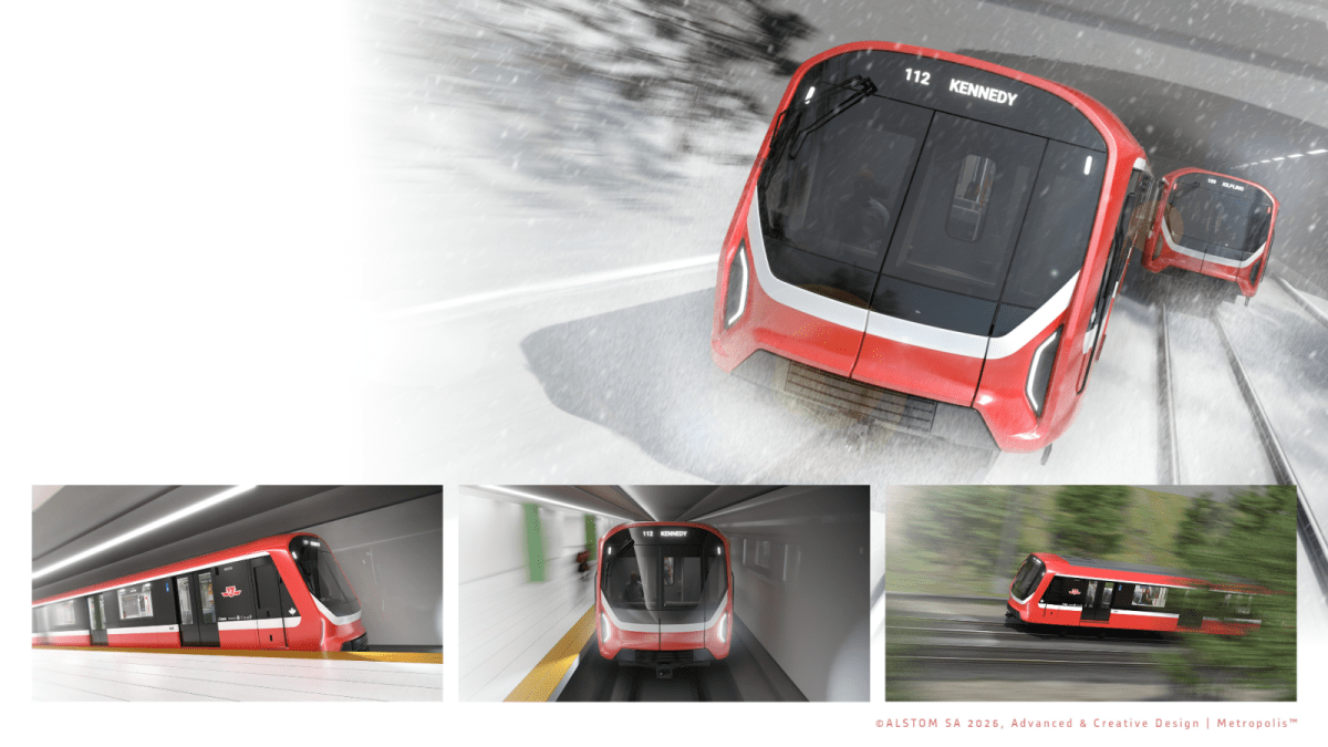 Several renders of one of the new Line 2 trains for the TTC.