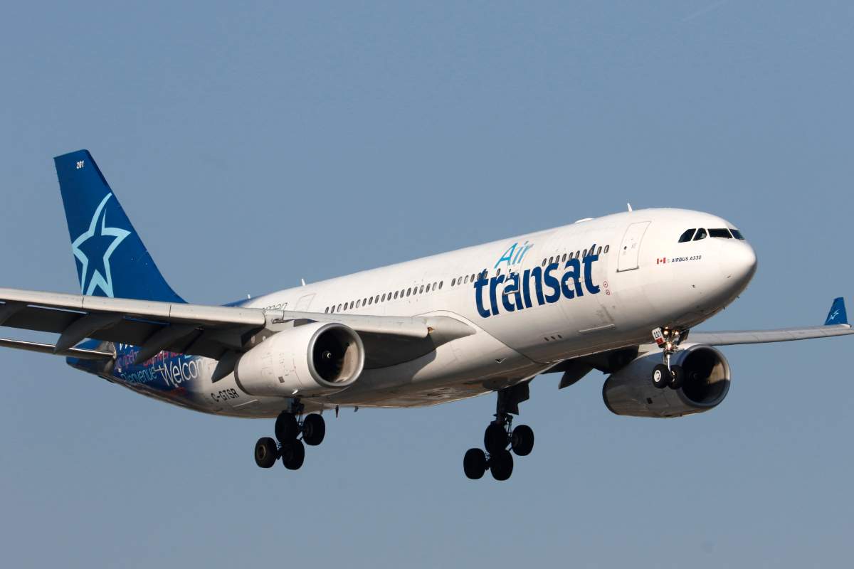 An Airbus A330 (A330-200) jetliner, belonging to Canadian carrier Air Transat, lands at Toronto Pearson International Airport in Mississauga, Ontario on April 27, 2023.