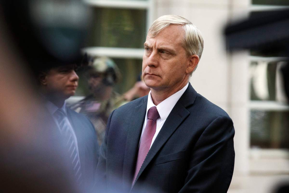 Richard Donoghue, United States Attorney for the Eastern District of New York, listens during a news conference following the sentencing of Mexican drug lord Joaquin ‘El Chapo’ Guzman, Wednesday, July 17, 2019 in New York. (AP Photo/Mark Lennihan)