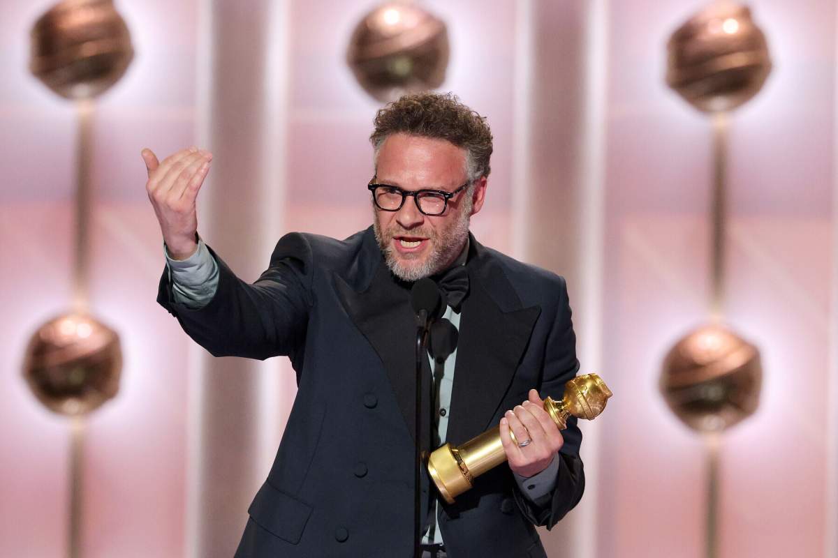 This image released by CBS Broadcasting shows Seth Rogen accepting the award for best performance by a lead actor in a TV Series – musical or comedy for 'The Studio,' during the 83rd Golden Globes on Sunday, Jan. 11, 2026, at the Beverly Hilton in Beverly Hills, Calif.
