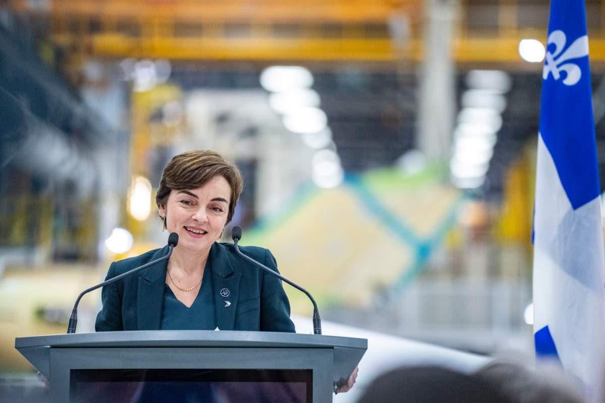 Quebec Economy and Innovation Minister Christine Frechette, speaks at Bombardier’s manufacturing facilities in Dorval, Que., on Thursday, Jan. 15, 2026.