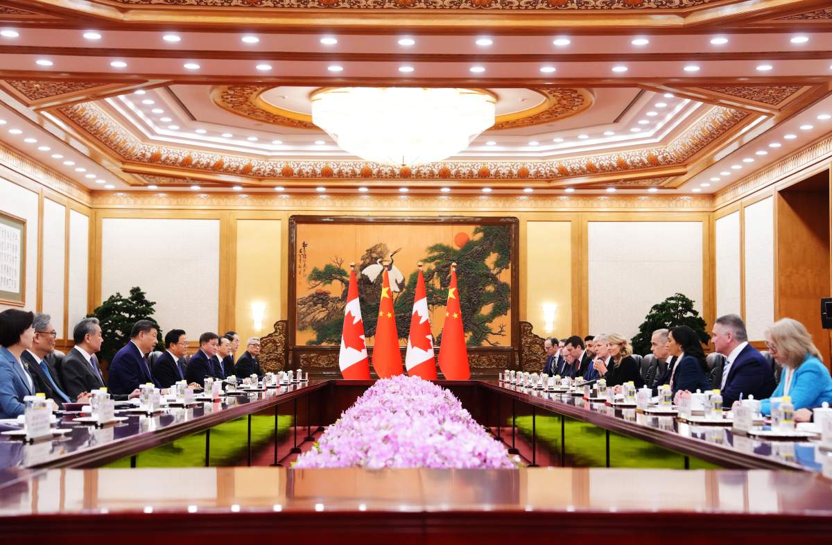 Prime Minister Mark Carney, fourth right, meets with President of China Xi Jinping, fourth left, at the Great Hall of the People in Beijing, China on Friday, Jan. 16, 2026.