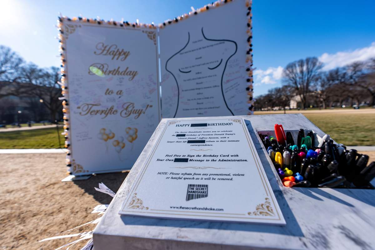 A protest art installation to highlight Jeffrey Epstein's birthday of Jan. 20, 1953, is photographed on the National Mall, Monday, Jan. 19, 2026, in Washington.