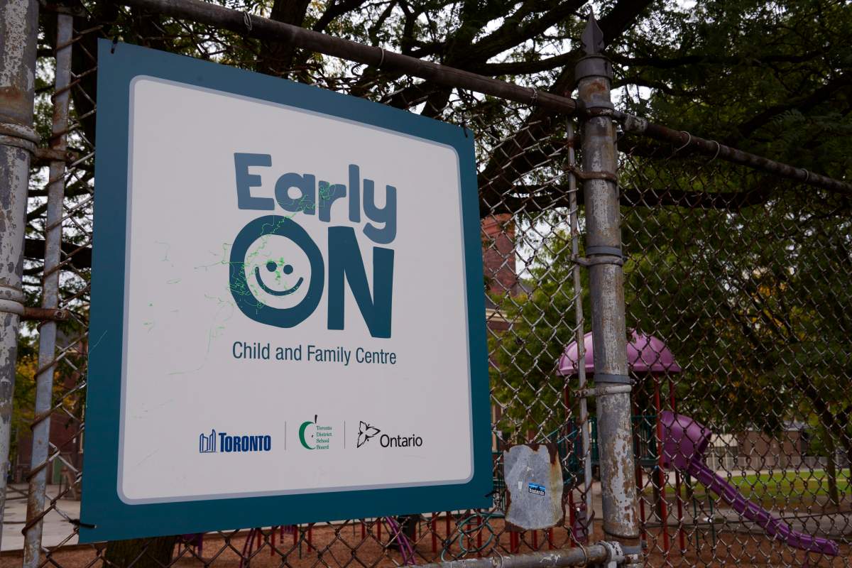 Signage for the Pape Avenue EarlyON Child and Family Centre at Pape Avenue Jr Public School is pictured in Toronto, Ont., on October 6, 2019. 