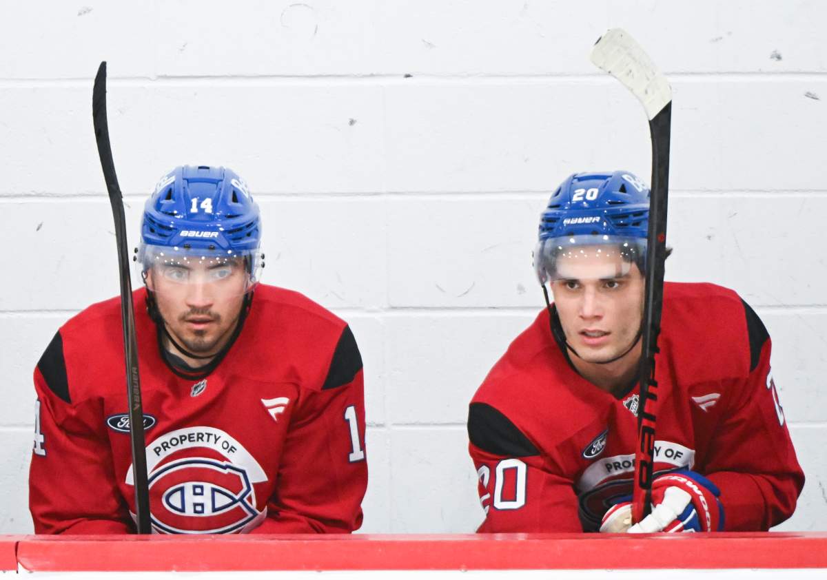 Montreal Canadiens’ Nick Suzuki, left, and Juraj Slafkovsky, during training camp in Brossard, Que., Thursday, Sept. 18, 2025.