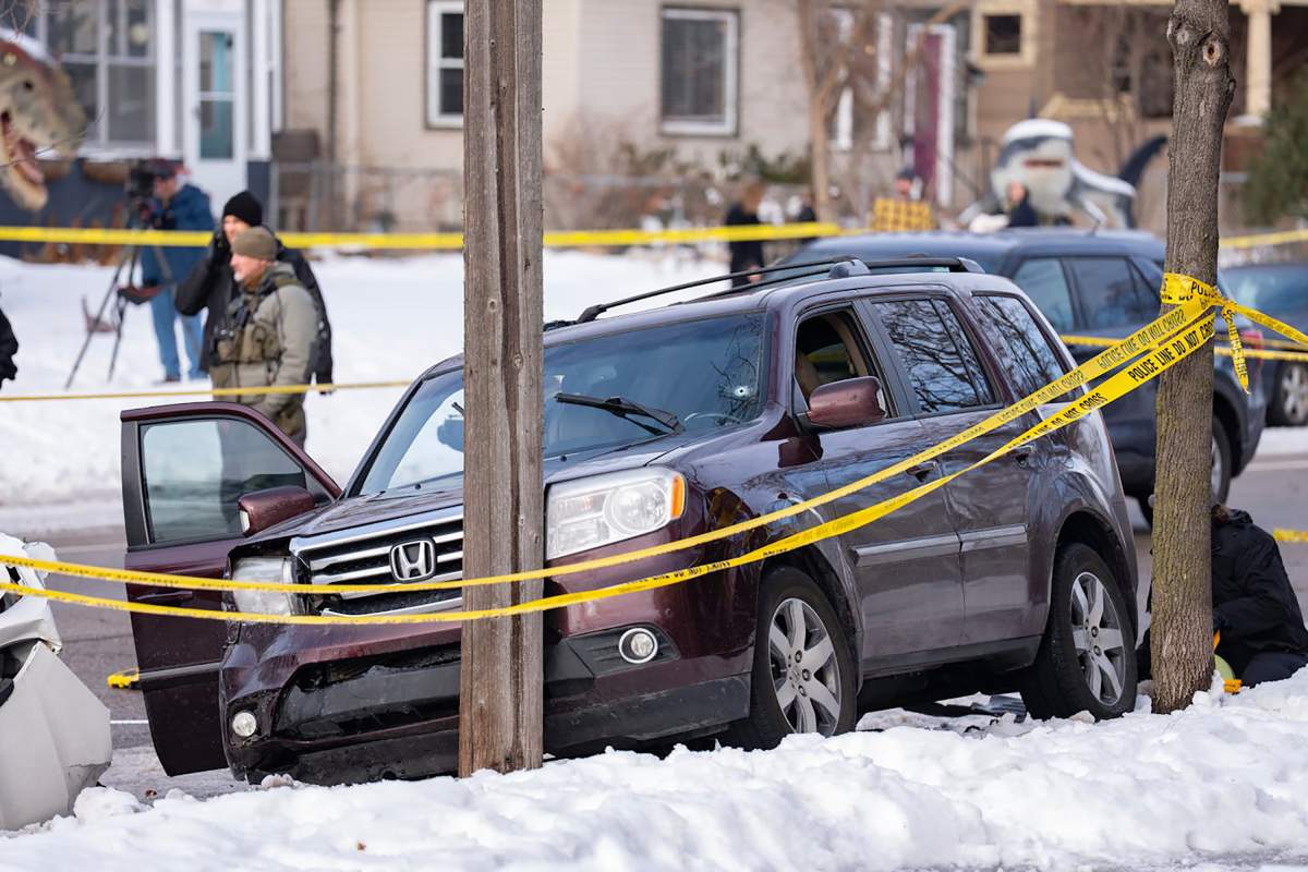A bullet hole can be seen in the windshield of the SUV Renee Good was driving when she was fatally shot by ICE agent Jonathan Ross.