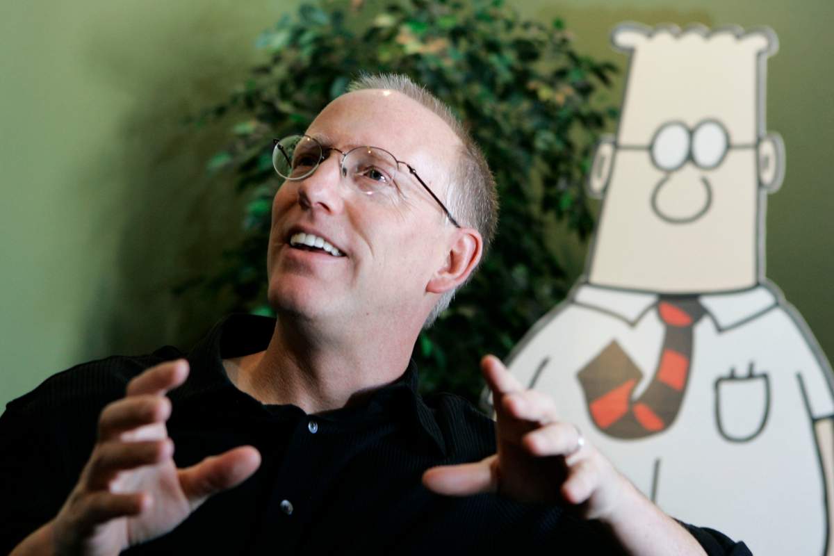 FILE - Scott Adams, creator of the comic strip Dilbert, talks about his work at his studio in Dublin, Calif., on Oct. 26, 2006.