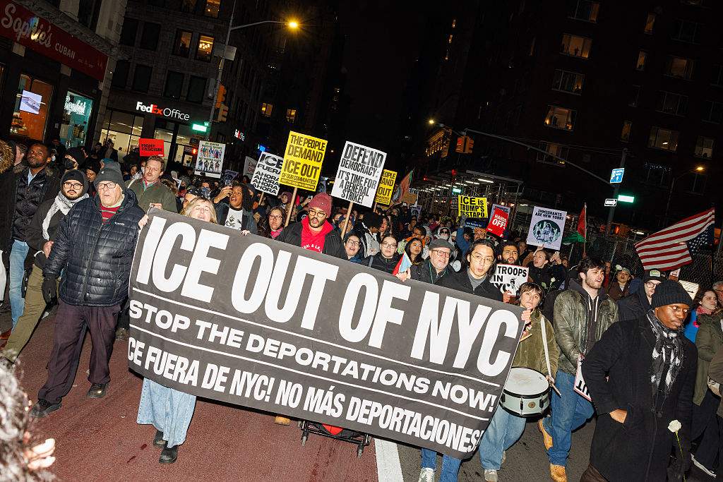 People in New York City march in protest against Immigration and Customs Enforcement in response to the the fatal shooting of Renee Nicole Macklin Good.