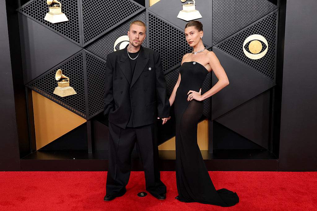 (L-R) Justin Bieber and Hailey Bieber attend the 68th GRAMMY Awards at Crypto.com Arena on February 01, 2026 in Los Angeles, California.