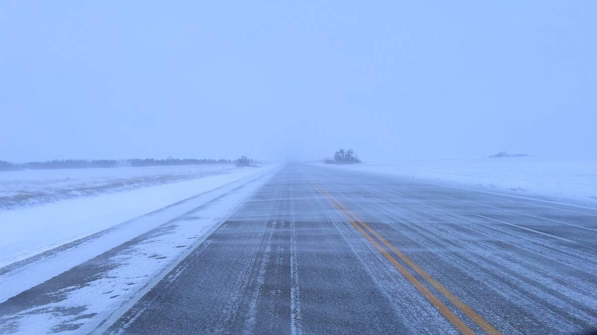High winds and blowing snow affects travel on highways in the Regina area on Jan. 16, 2026.