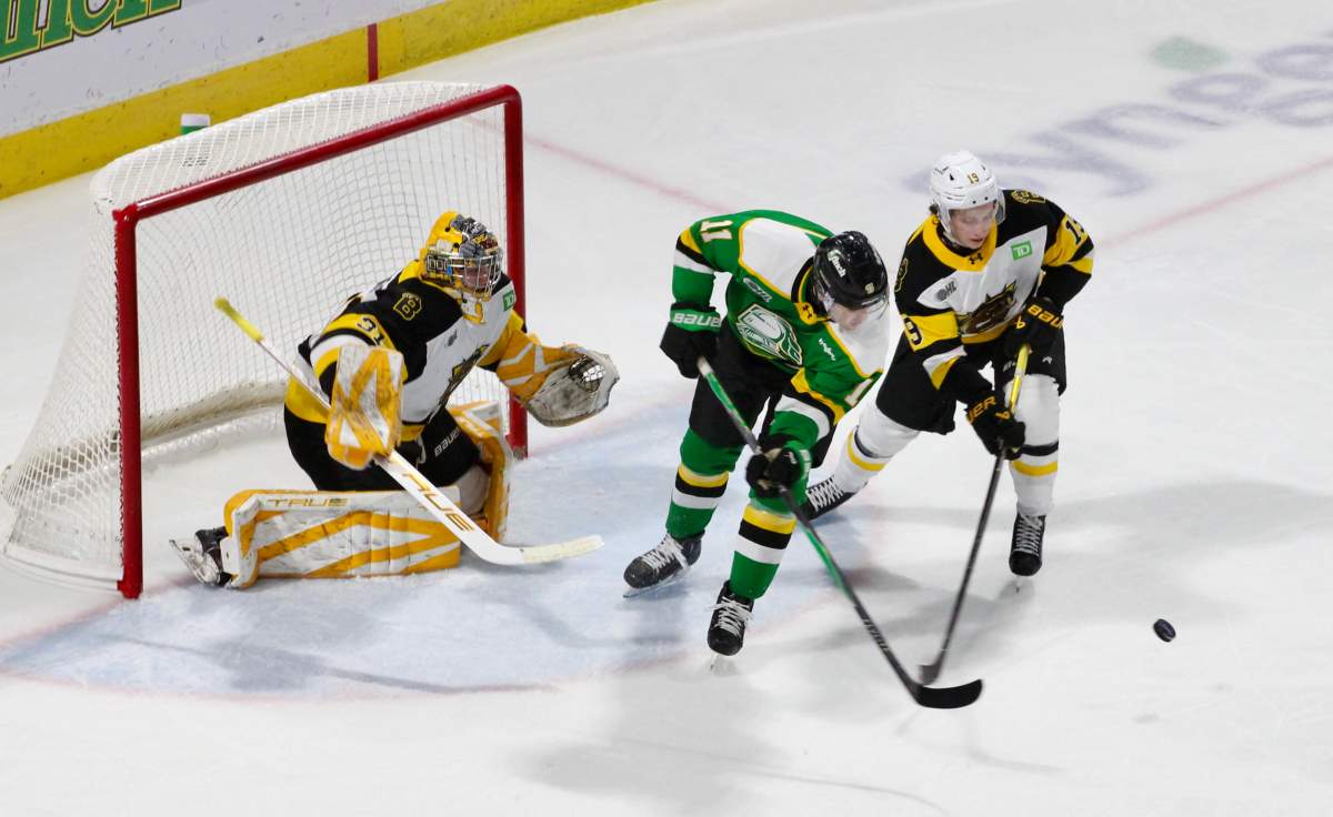 Braiden Clark of the London Knights gets a chance in tight to the Brantford Bulldogs net in a game on Jan. 9, 2026 at Canada Life Place.