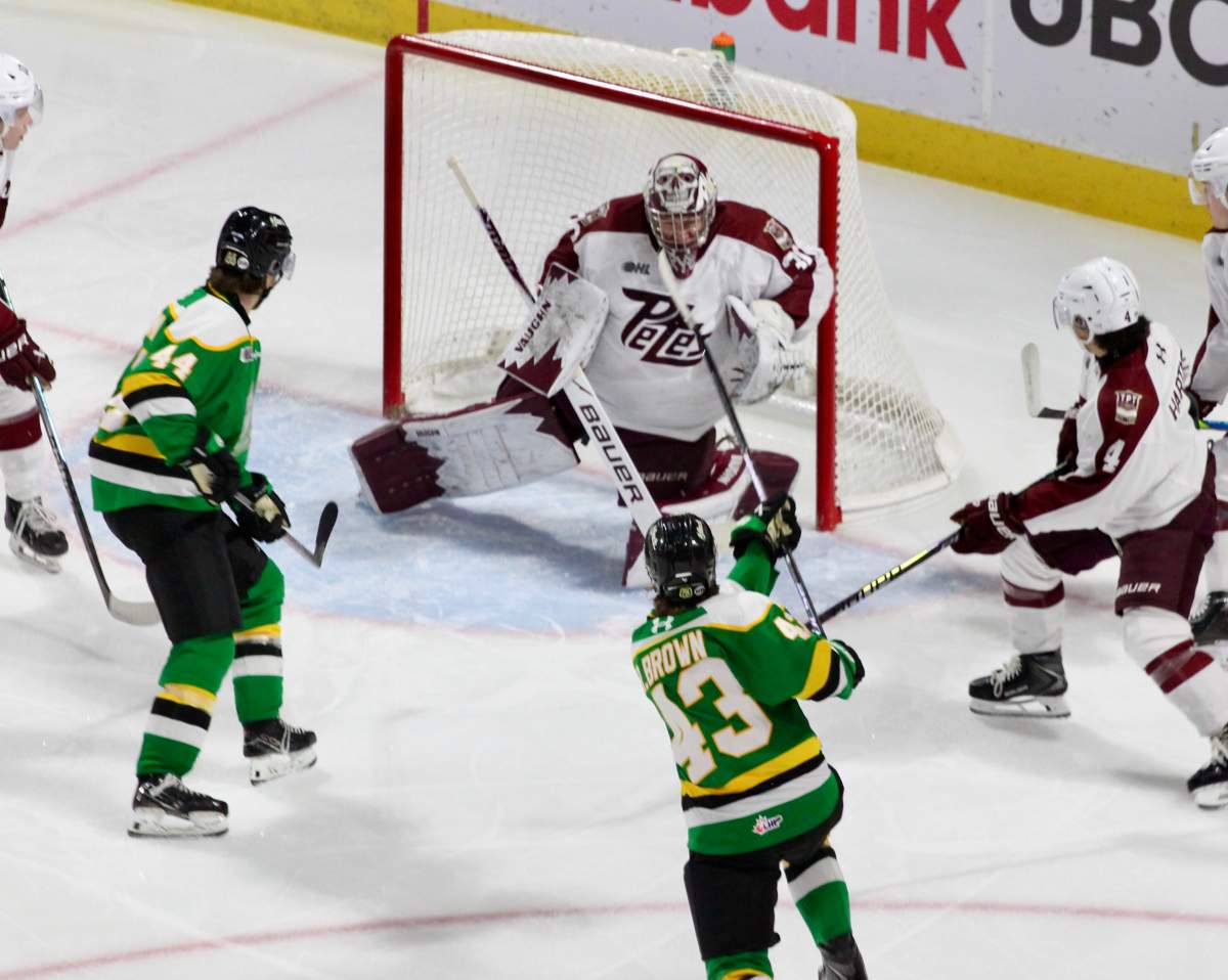 London Knight forward Ryan Brown scores his sixth goal in four games in a matchup between the Knights and the Peterborough Petes played on Jan. 25, 2026 at Canada Life Place.