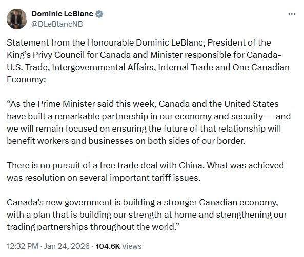 Federal Trade Minister Dominic LeBlanc says Canada is not pursuing a free trade deal with China, responding to U.S. concerns over trade.