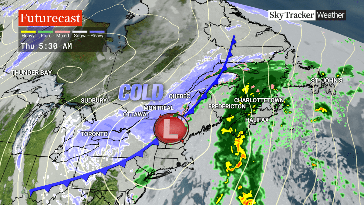 Cold front moving through Ontario and Quebec.
