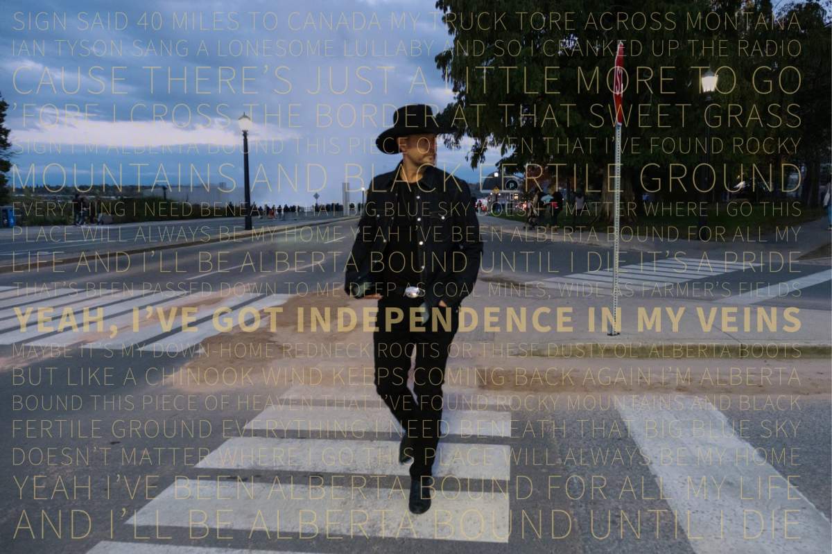 A post made to Alberta country music star Paul Brandt's social media account showed this photo of him at a crosswalk with lyrics from his song "Alberta Bound" over top.