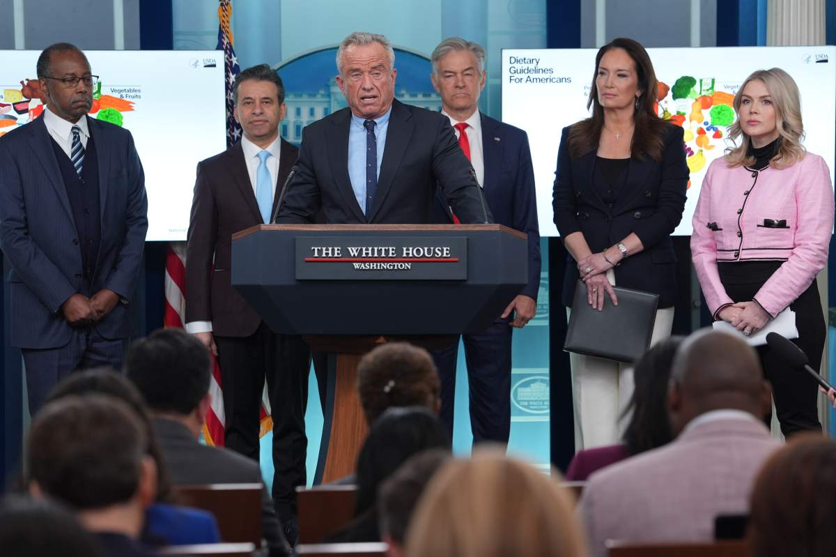 Human Services Secretary Robert F. Kennedy Jr. speaks during a press briefing with from left, Dr. Ben Carson, National Nutrition Advisor at U.S. Department of Agriculture, Dr. Marty Makary, Food and Drug Administration (FDA) commissioner, Dr. Mehmet Oz, administrator of the Centers for Medicare & Medicaid Services, Agriculture Secretary Brooke Rollins, and White House Press Secretary Karoline Leavitt, at the White House, Wednesday, Jan. 7, 2026, in Washington.