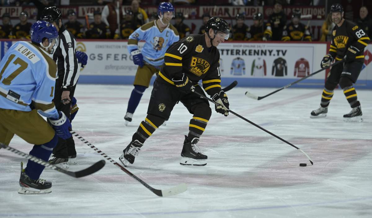 Cast members of ‘Shoresy’ play a charity hockey game against Boston Bruins alumni on Nov. 16, 2025.
