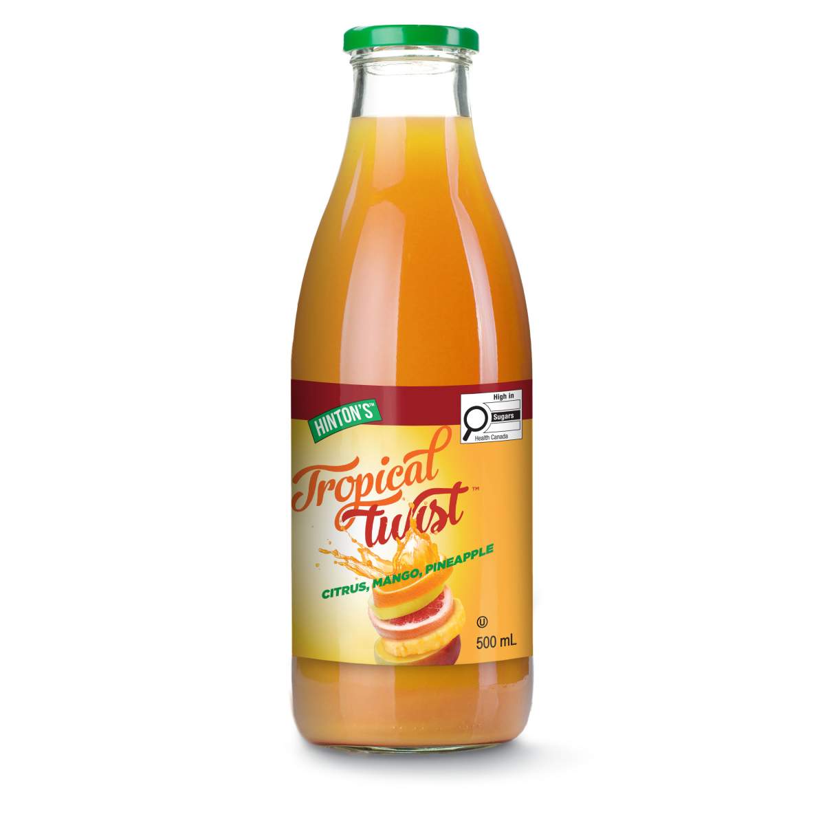 A bottle of fruit juice displaying Health Canada’s front-of-package nutrition symbol, indicating the product is high in sugars.